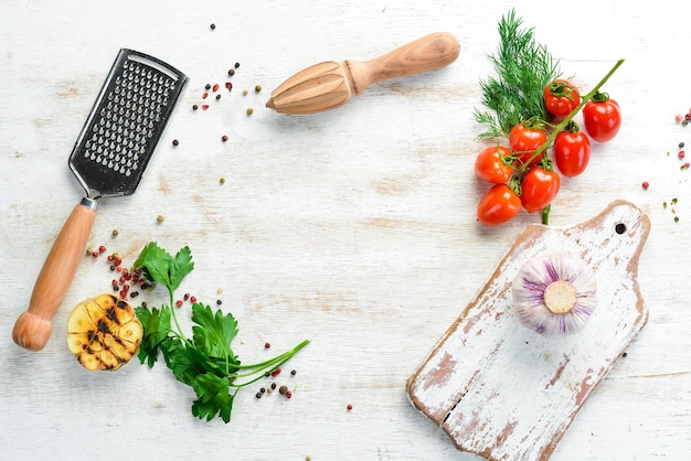 Workspace with cooking utensils and fresh ingredients